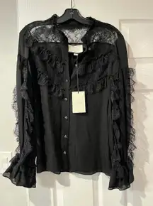 NEW ALEXIS Black Lace Ruffle‎ Long Sleeve Button Down Blouse Top XS