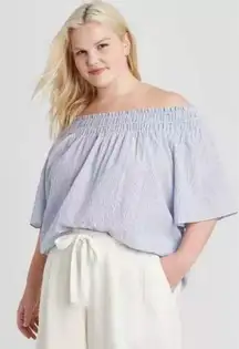 NWT Blue White Striped Pinstripe Seersucker Smocked Peasant Loose Fit Top Blouse New Size Large