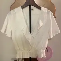 Show Me Your Mumu Audrina White Ruffled Blouse Surplice Flutter Slv Linen Blend