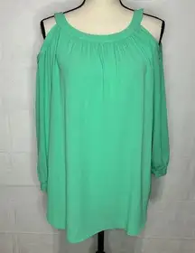 Kaari Blue Green Tie Neck 3/4 Sleeve Cold Shoulder Top Blouse Size M