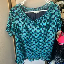 FINAL MARKDOWN Croft and barrow lined Geometric Blue and Green Blouse 

RA0710