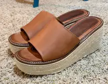 Freebird Leather Cognac Brown Platform Espadrille Wedge Heel Sandals Slip On
