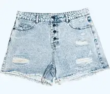 Pink Lily Stonewashed Denim Button-Fly Distressed High Rise Shorts Size 30‎