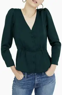 J.Crew Peplum Poplin Babydoll Button Up Blouse Satin Top Emerald‎ Green Sz 2 NWT