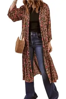 Floral Open Front Kimono NWT Boho Long Duster Cardigan Swimsuit Cover Up