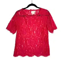 Anthropologie Vanessa Virginia  Elysian Floral Lace Short Sleeve Top Small Red