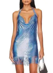 8 Other Reasons Fringe Chainmail Dress Cobalt Blue ONE SIZE Cowl Backless $294