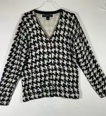 Josephine Chaus Women Cardigan Silk Blend Sweater V-Neck Button Up Black/Cream L