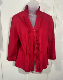 Peck & Peck Red Long Sleeve Button Down Ruffle Front Top Size Medium EUC