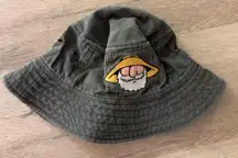 gray bucket hat with a old fisherman graphic on the front