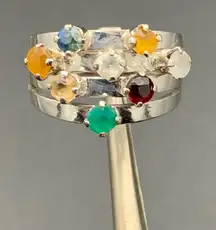 VTG Harem Puzzle Ring Sterling Silver Multicolor Glass Stones Size 7.5