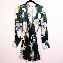 Reformation Chrisley Silk Satin Floral Flower Abstract Print Mini Wrap Dress XS