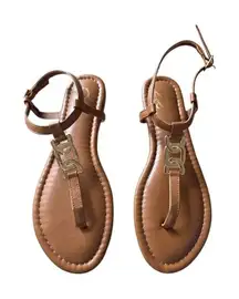 NY&C Flat Sandals Size 7 Brown Ankle Strap Logo