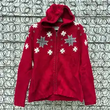 Y2K Eddie Bauer Lambswool Fair Isle Quilt Barn Star Snowflake Hooded Cardigan LG