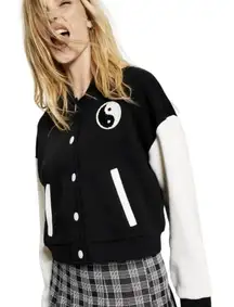 Hippie Rose Black White Yin and Yang Bomber Varsity Jacket Womens Juniors Small