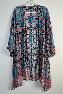 Tolani Collection Kimono Longline Cardigan 1X Blue Red Multicolor Abstract Print