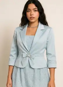 Vintage CW Designs Y2K Baby Blue 3 Pc Suit Jacket Blazer Top Skirt Sparkle Tulle