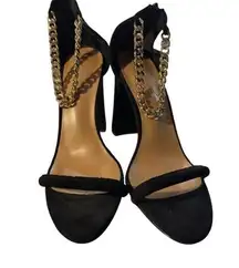 Chunky Black Heels with Gold Colored Strap Back Zipper 90’s Style Size 10