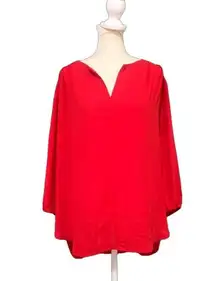 Red Flowy 3/4 Elastic Cuffed Sleeve Business Casual V-Neck Blouse