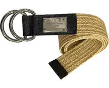 Michael Kors Tan Woven Stretch Belt Leather Trim Logo‎ Plate Double D-Ring S/M