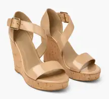 Stuart Weitzman Nude Patent Leather Cork Wedge Platform Sandals 9M Made in Spain