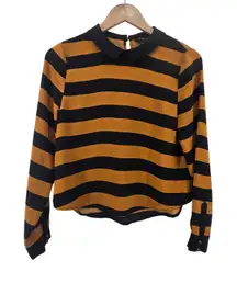 BCBGMAXAZRIA Women's Medium Black Orange Striped Long Sleeve Collared Blouse