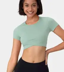 Halara  Cropped Short Sleeve Crossover Hem Sports Top Aqua Medium HT27