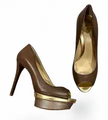 Brian Atwood Franciska Pump brown gold stiletto platform leather pumps 7