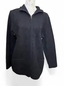 Talbots 100% Wool Black Full Zip Cozy Fall Winter Sweater Size Large Basic