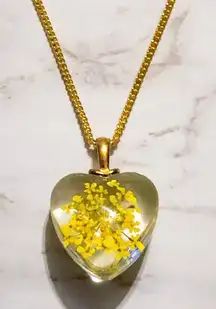 Yellow Pressed Flower Glass Heart Necklace