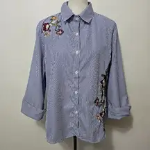 Roommates Blue Striped Button-Down with Floral Embroidery Size Large