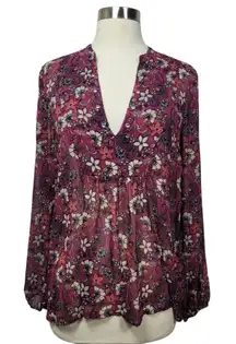 Hollister Floral Sheer Chiffon Boho Blouse Size Small Long Sleeve Peasant Top