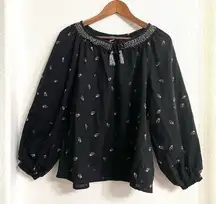 Old Navy Womens Shirt Black Floral Embroidered Poet Puff Sleeve Size Large