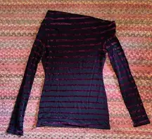 BCBG MAX AZRIA BLACK MESH & MAROON VELVET STRIPE LONG SLEEVE BOAT NECK BLOUSE