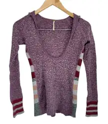 Free People Hooded Top Striped Sleeve Pullover Knit Sweater Purple XS Wool Blend