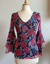 Jean Paul Gaultier | Fuzzi floral bell sleeve mesh top