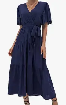 Boho Ruffle Cap Sleeve Wrap Midi Dress Navy Blue Belted A-Line Size XL
