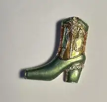 Gold / Green Rhinestone Cow Girl Cowboy Boot Brooch Pin Shoe