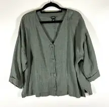 Eileen Fisher Linen Button Front‎ Jacket Shaket Green Size Large Boho Minimalist