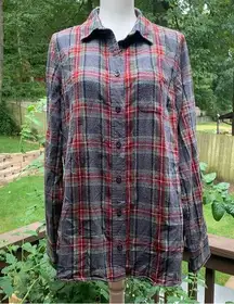 LL Bean Shirt Women Medium M Gray Scotch Plaid Flannel Slightly Fitted Top