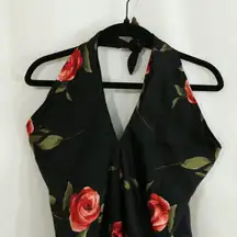 Valerie Stevens 100% Silk Halter Top | Black w/ Red Rose Print | 22” PTP XL