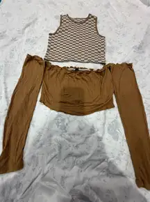 Wild Fable Women's S 2-Piece Checkerboard Tank & Brown Long Sleeve Set