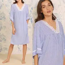 Eileen West Lace Trim Caftan Nightgown Swim Cover Poolside Beach Nautical Stripe