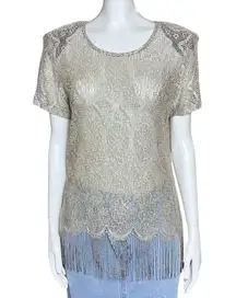 Vintage 80s 90s Beige Sheer Lace Retro Festival Top Small Boho Fringe Flapper