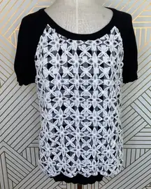 Anthropologie Moth‎ Facade Sweater Short Sleeve Lace Gingham Black White Size XS