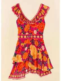 FARM RIO Pink Flowers Tapestry V-Neck Mini Dress Sz S