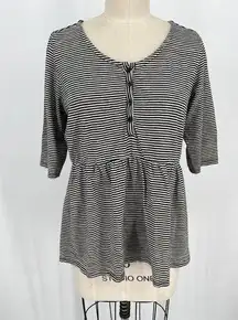 Natural by Known Supply Peplum Ruffle Shirt Sz M Black White Striped 1/2 Sleeve