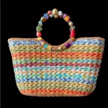 apelli Straw Raffia Handbag 2016 Jewelled Beaded Handle Boho Lined 15x9 Lik Nu