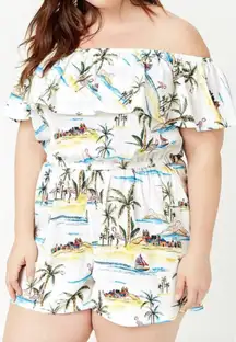 FOREVER 21 Plus Size Beach Motif Romper White Summer Print Off the Shoulder 3X