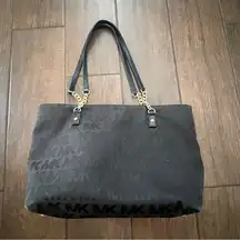 Michael Kors Satchel Monogram Top Handle Bag Jet Set Black Gold Chain Handle